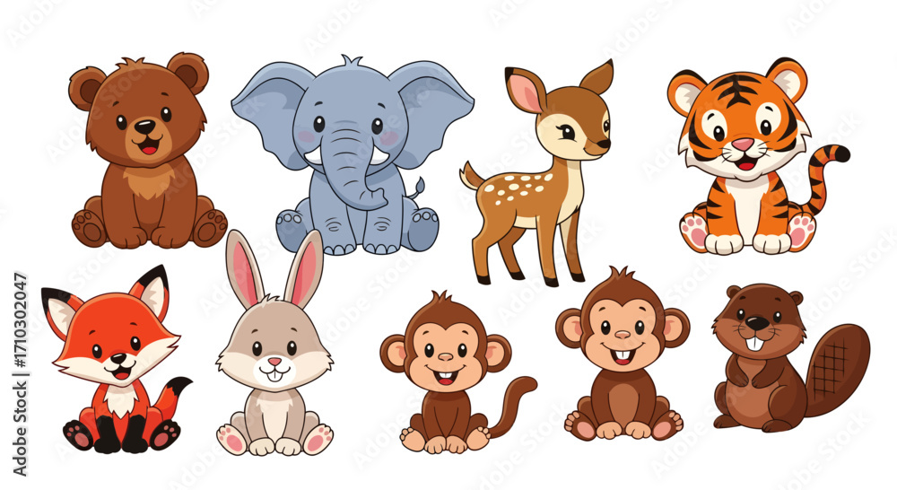 Fototapeta premium Charming collection of whimsical cartoon forest animals perfect for children's illustrations or