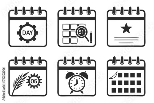 Collection of six calendar icons representing different concepts and events