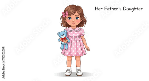 Charming depiction of a little girl in a pink dress, embracing a fluffy blue teddy bear friend