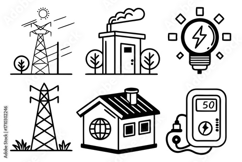 Set of simple line art icons representing energy and power concepts