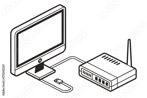 Computer monitor connected to a wireless router with an ethernet cable