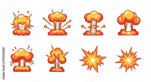 Collection of vibrant stylized cartoon explosion effects on a clean white backdrop