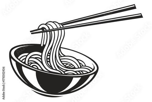 Black and white illustration of noodles being lifted from a bowl with chopsticks