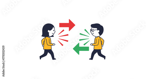 Communication between two characters with directional flow illustrating conversation exchange