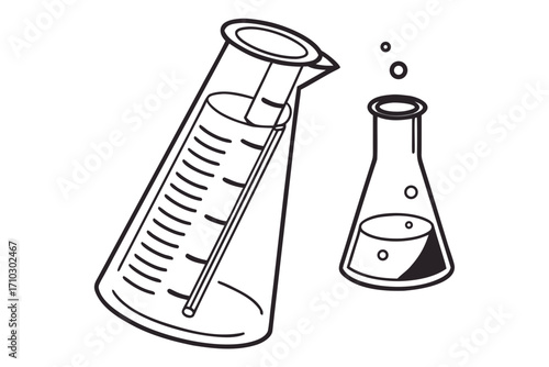 Black and white illustration of laboratory beakers and flasks with liquid and bubbles