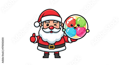 Cute cartoon Santa Claus giving thumbs up with a bowl of candy balls for Christmas