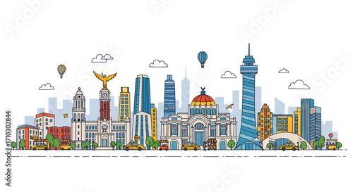 Detailed illustration of Mexico City skyline with iconic landmarks and vibrant colors