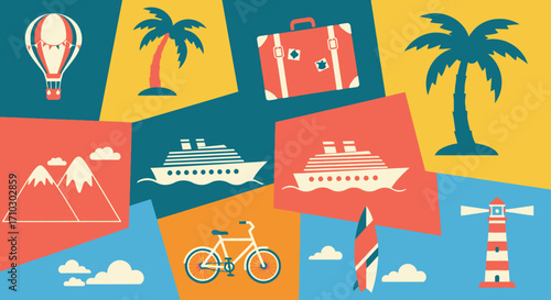 Colorful Graphic Collage of Travel and Vacation Icons.