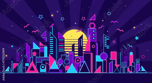 Colorful geometric city skyline illustration.