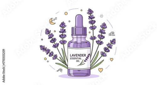Elegant lavender essential oil bottle surrounded by blossoms for aromatherapy usage