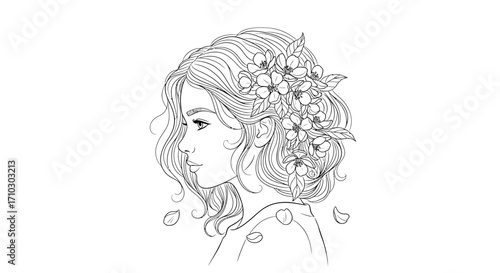 Elegant depiction of a girl adorned with blossoming florals, creating a serene and graceful ambiance