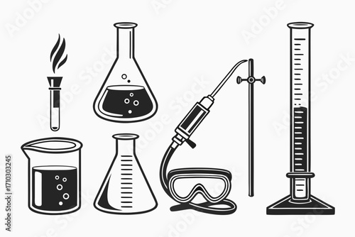 Collection of scientific laboratory equipment and glassware icons