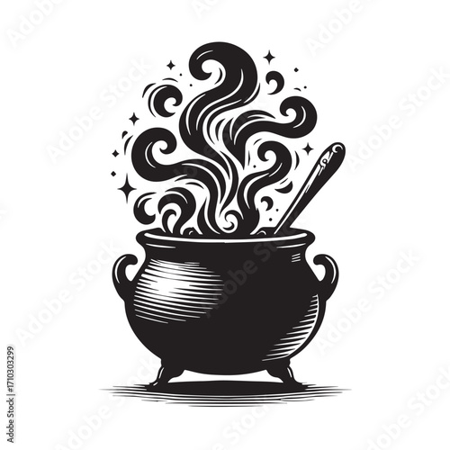 Black Witch Cauldron with Smoke Silhouette Vector Illustration design, Solid White Background