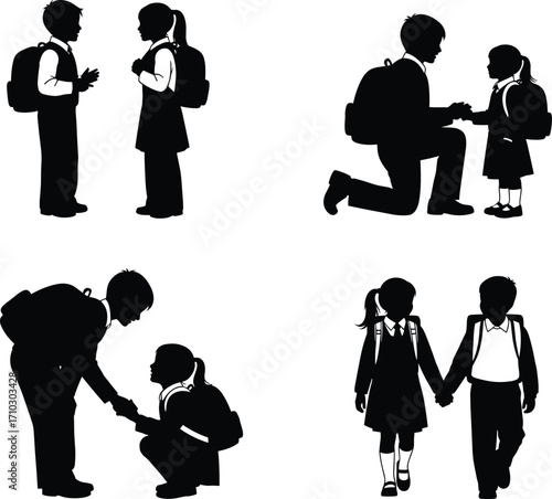 School Drop Off Silhouette Vector, Parent and Child Interaction, Backpack Kids, Caring Adult, Morning Routine, Education Concept, Black Isolated Illustration