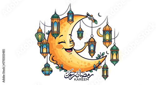 Festive Ramadan Kareem illustration featuring a cheerful moon and ornate lanterns design