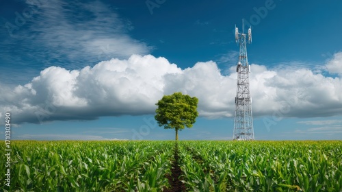 Hopeful view of carbon capture tower and green tree in farmers field. sky with clouds backgrounds technology and nature concept for sustainability and future growth