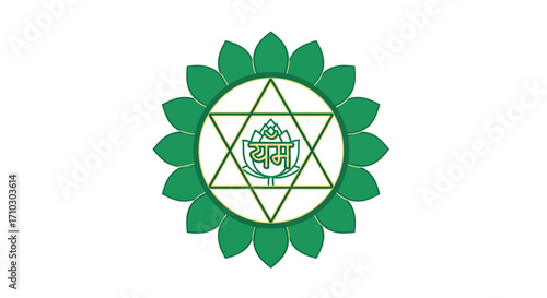 Green abstract flower with geometric shapes and symbols representing wellness and nature with