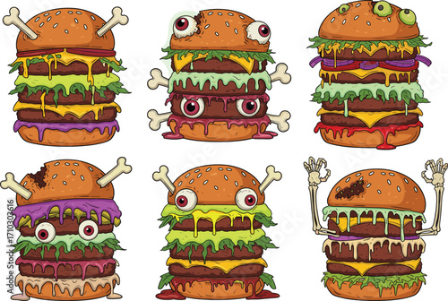 Monster Hamburger Cartoon Vector Set with Funny Faces, Bones, Dripping Sauces, Halloween Food, Creepy Fast Food Characters Illustration