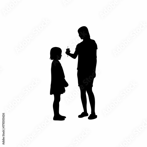 Silhouette of child receiving vaccination with parent watching nervously isolated on white background