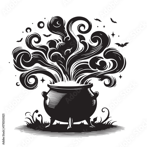 Black Witch Cauldron with Smoke Silhouette Vector Illustration design, Solid White Background