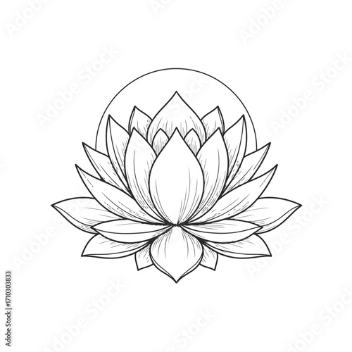 Elegant lotus flower in black and white line art. A spiritual symbol for yoga, wellness, and meditation, perfect for a logo design element