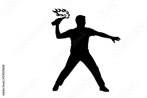 Silhouette of a Man Throwing a Molotov Cocktail in a Protest Scene

Vector Art: Aggressive Figure with a Molotov Cocktail, Modern Silhouette