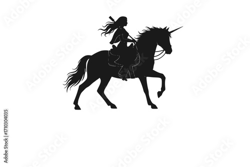 Silhouette of a Fearless Woman Riding a Majestic Unicorn in Fantasy Art Style, Vector Art: Brave Female Rider on a Fantasy Unicorn, Monochrome Silhouette