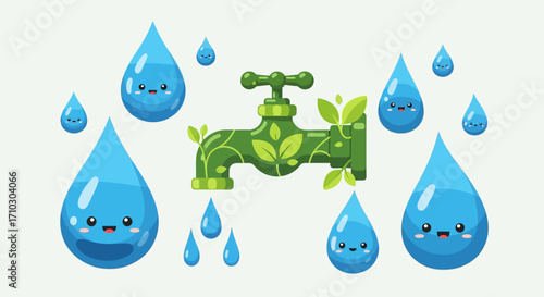 Cute cartoon water drops and eco friendly faucet illustration.