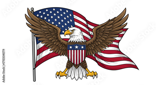 Majestic eagle with outstretched wings against the backdrop of the waving United States flag