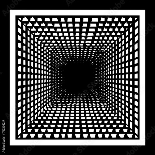 Optical illusion of a tunnel with receding squares in black and white creating a vortex effect