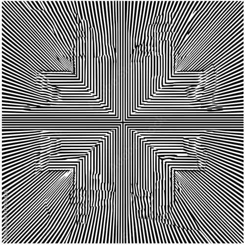 Abstract symmetrical design featuring black and white parallel lines creating an optical illusion effect