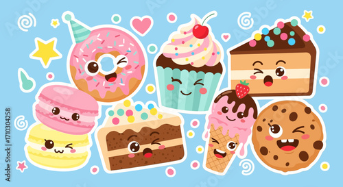 Cute Kawaii Sweets and Desserts Character Sticker Set.