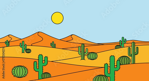 Desert landscape with cacti and sand dunes under the bright sun.