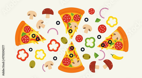 Delicious pizza slices with assorted fresh toppings flat lay.