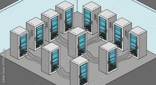 Data center servers arranged in a grid formation for efficient data processing.