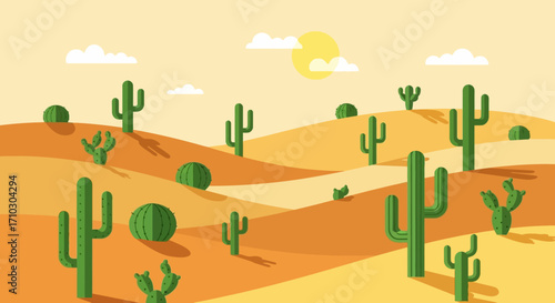 Desert landscape with cacti and rolling sand dunes under a bright sun.