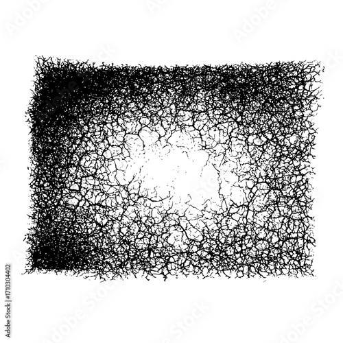 Dense network of black lines forming a rectangular frame with a central white space area texture effect