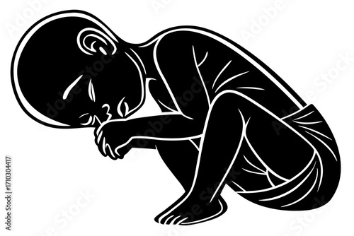 Stylized silhouette of a fetal position child in black and white