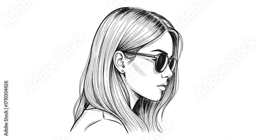 Monochrome depiction of a woman with sunglasses exudes classic stylish coolness
