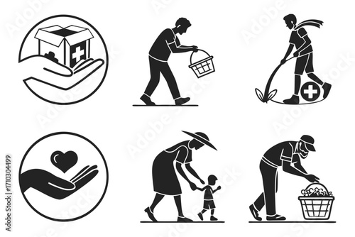 Set of icons representing charity helping and community support activities