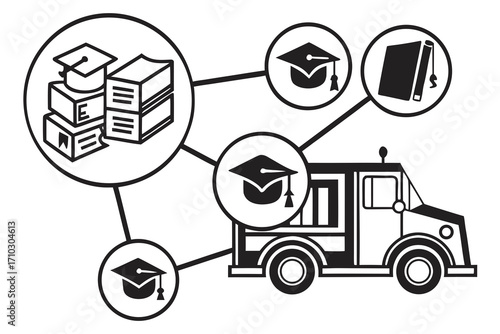 Mobile education concept with graduation caps and books connected to a truck