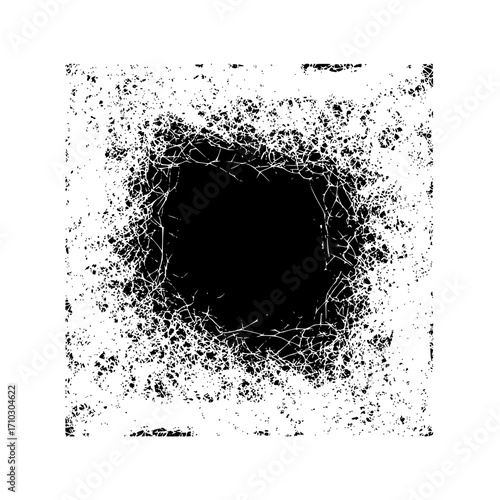 Abstract black blob surrounded by a network of fine white lines on a white background creating a grunge effect