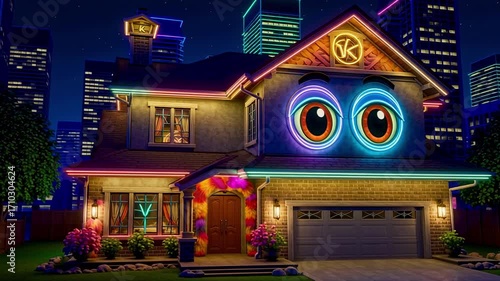 A house with large neon eyes and neon trim in a city at night with skyscrapers behind it