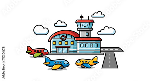 Playful airport illustration showcasing stylized terminal and colorful airplanes against sky