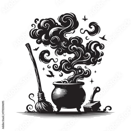 Black Witch Cauldron with Smoke Silhouette Vector Illustration design, Solid White Background