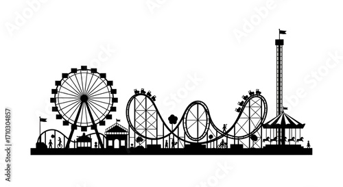 Silhouette amusement park illustration with ferris wheel, roller coaster and carousel