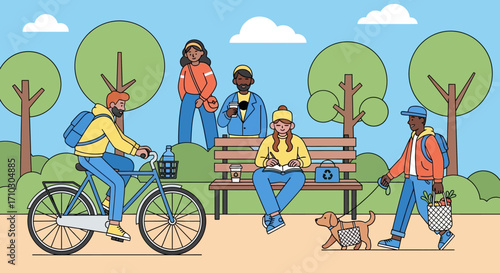 Diverse group of young people enjoying leisure activities in a city park.