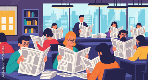Diverse Group of People Sitting and Reading Daily Newspapers.
