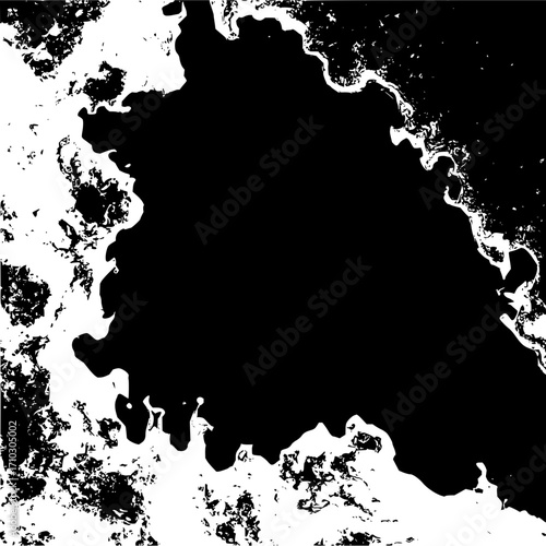 Abstract black and white illustration featuring irregular shapes and textures creating contrast and depth