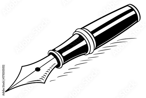 Classic black and white illustration of a fountain pen nib and barrel
